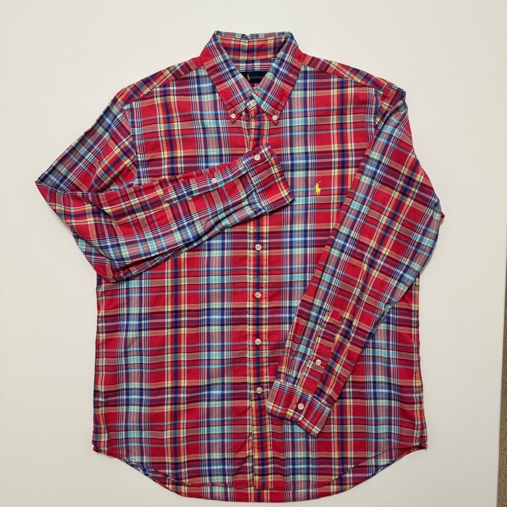 Ralph Lauren Button Down Shirt Mens L Red Plaid Excellent Long Sleeve Pony Logo - Picture 2 of 7